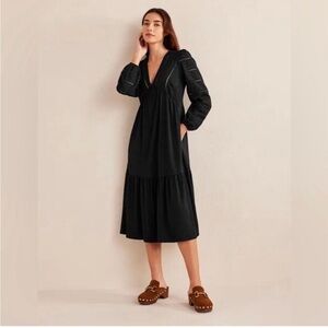 Boden Black V-Neck Long Sleeve Woven Mix Midi Dress Size 14R